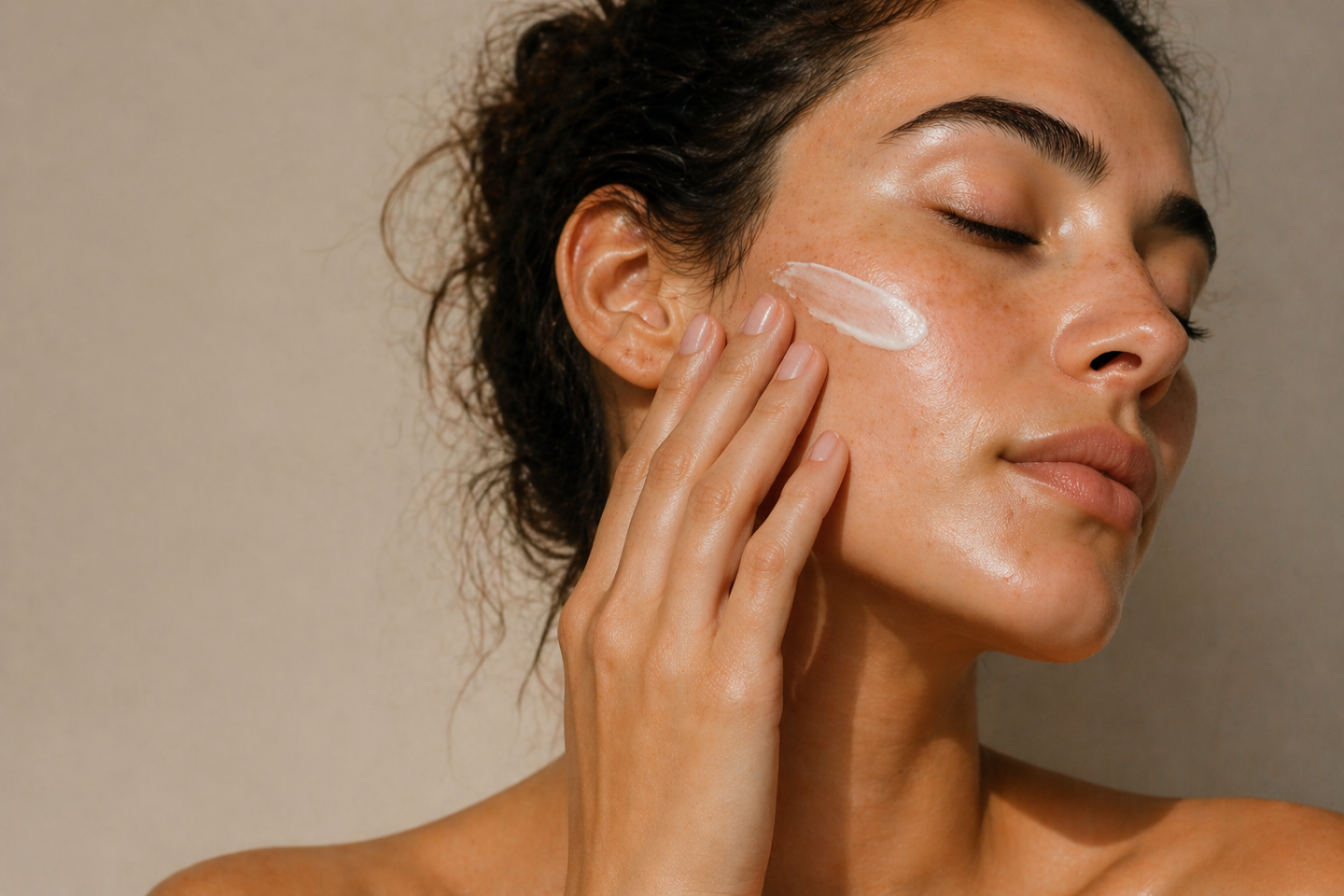 Close-up of woman applying skincare to her face, highlighting ingredient delivery and skin absorption in modern skincare.