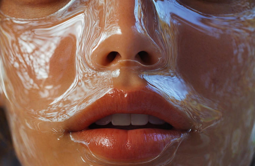 Woman wearing a hydrogel face treatment mask to achieve glass skin