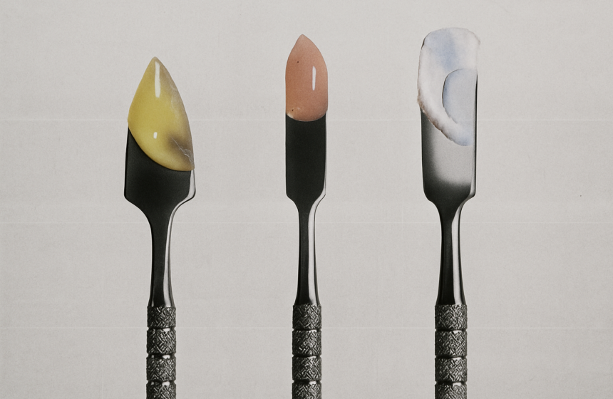 Hydrogel, peptide serum, and barrier-repair cream textures displayed on stainless steel spatulas for collagen banking