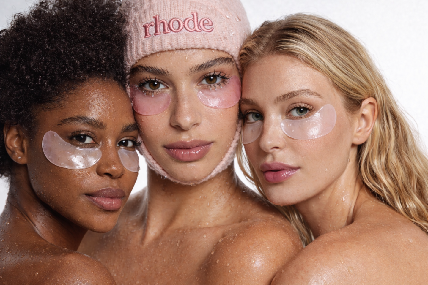 Three women wearing hydrogel under-eye patches during skincare treatment