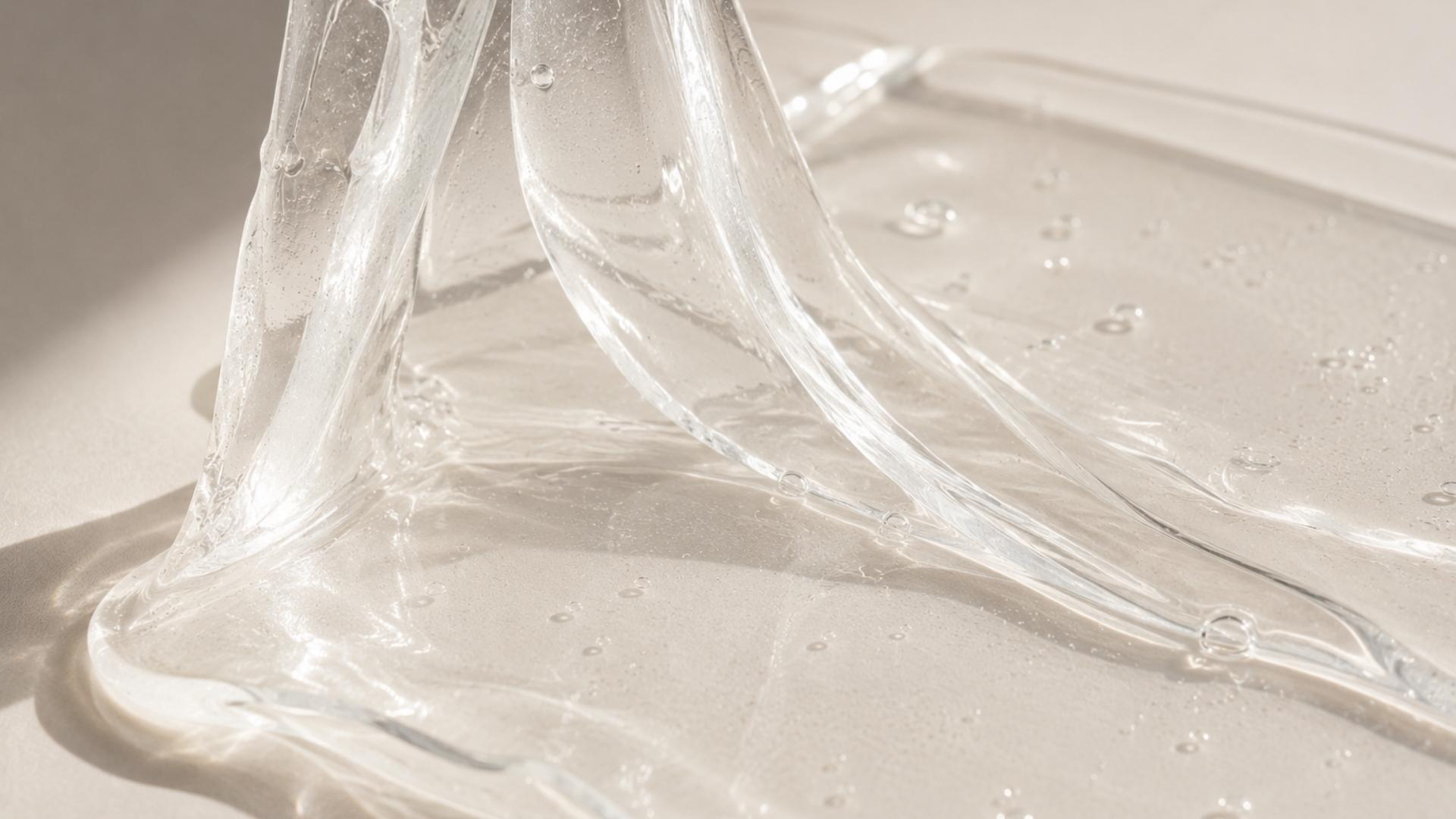 Clear hydrogel treatment gel stretched to show its hydrating texture